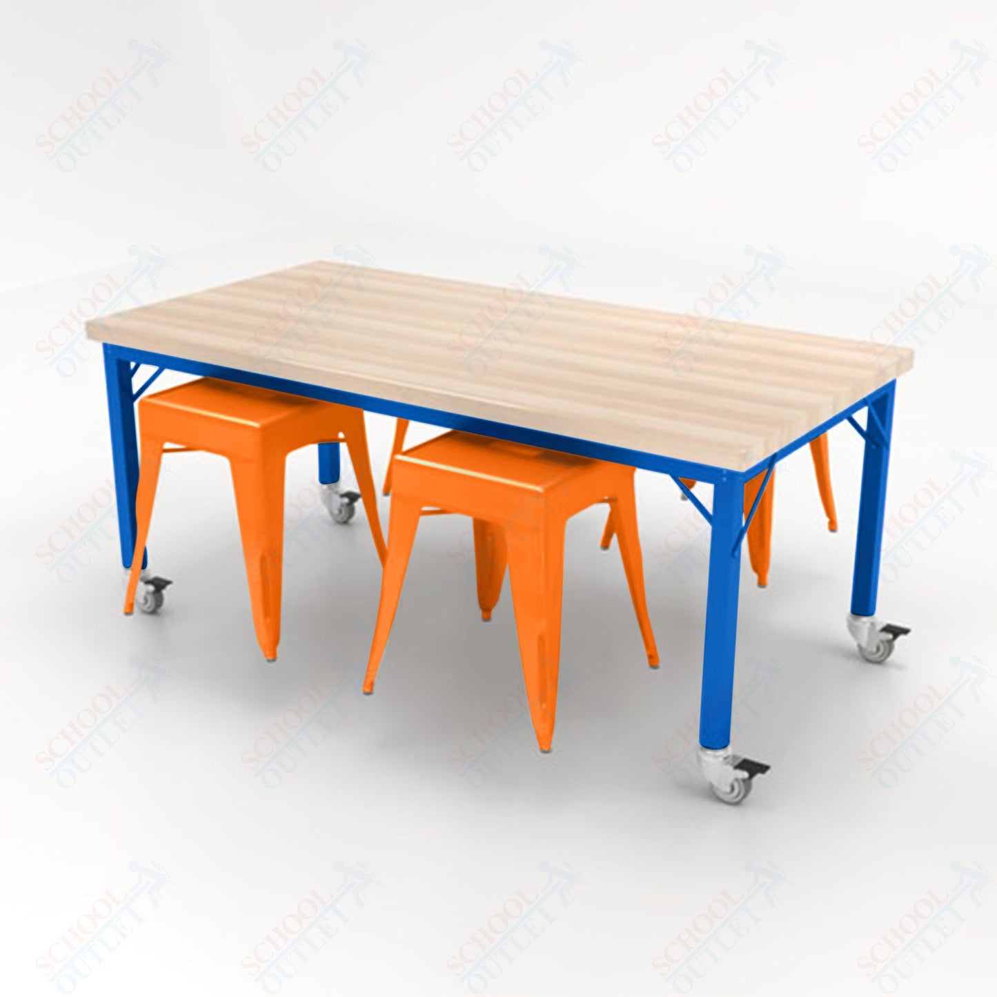 CEF Brainstorm Workbench 30"H with Butcher Block Top and Steel Frame, 4 Magnetic Metal Stools Included, for 3rd Grade and Up - SchoolOutlet