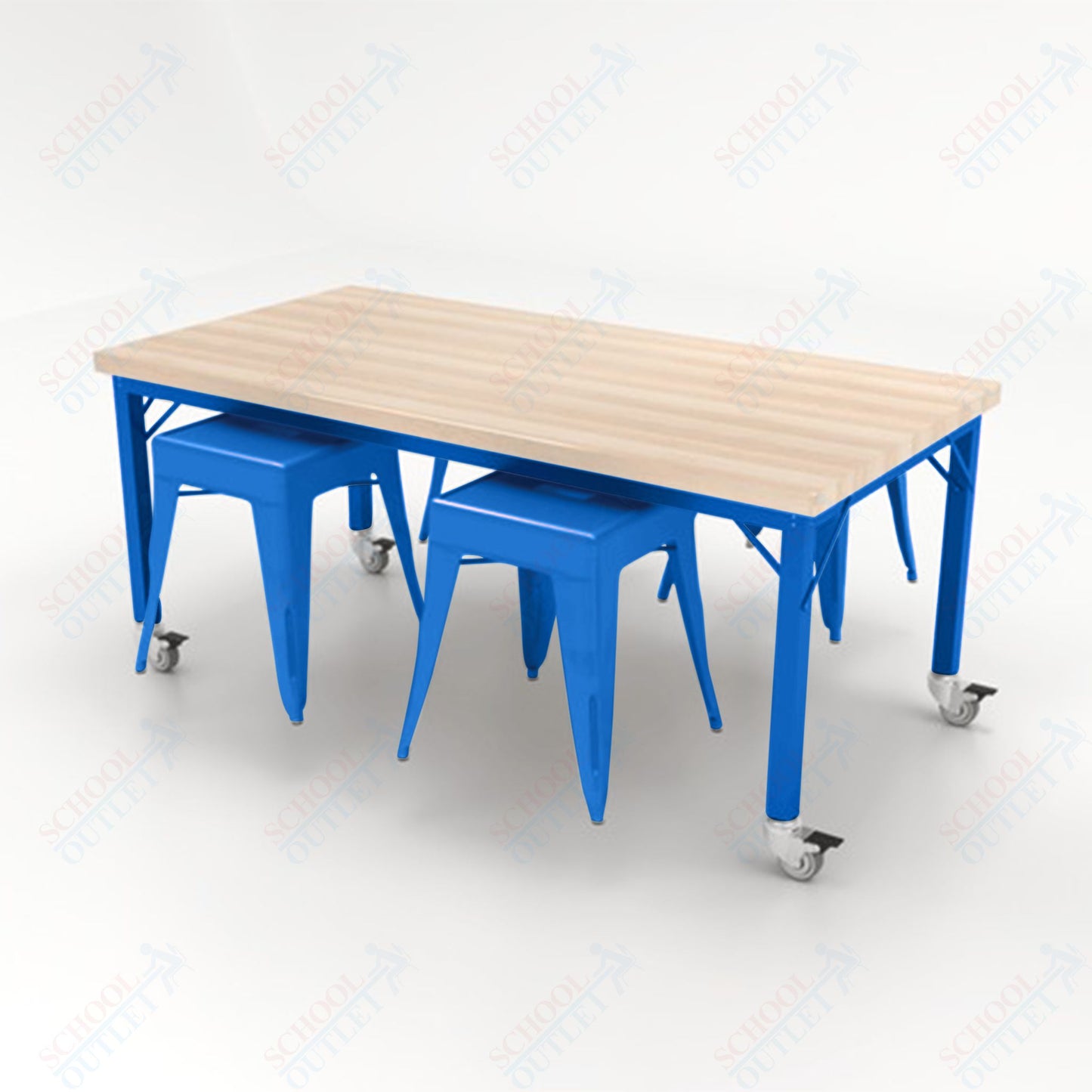 CEF Brainstorm Workbench 30"H with Butcher Block Top and Steel Frame, 4 Magnetic Metal Stools Included, for 3rd Grade and Up - SchoolOutlet