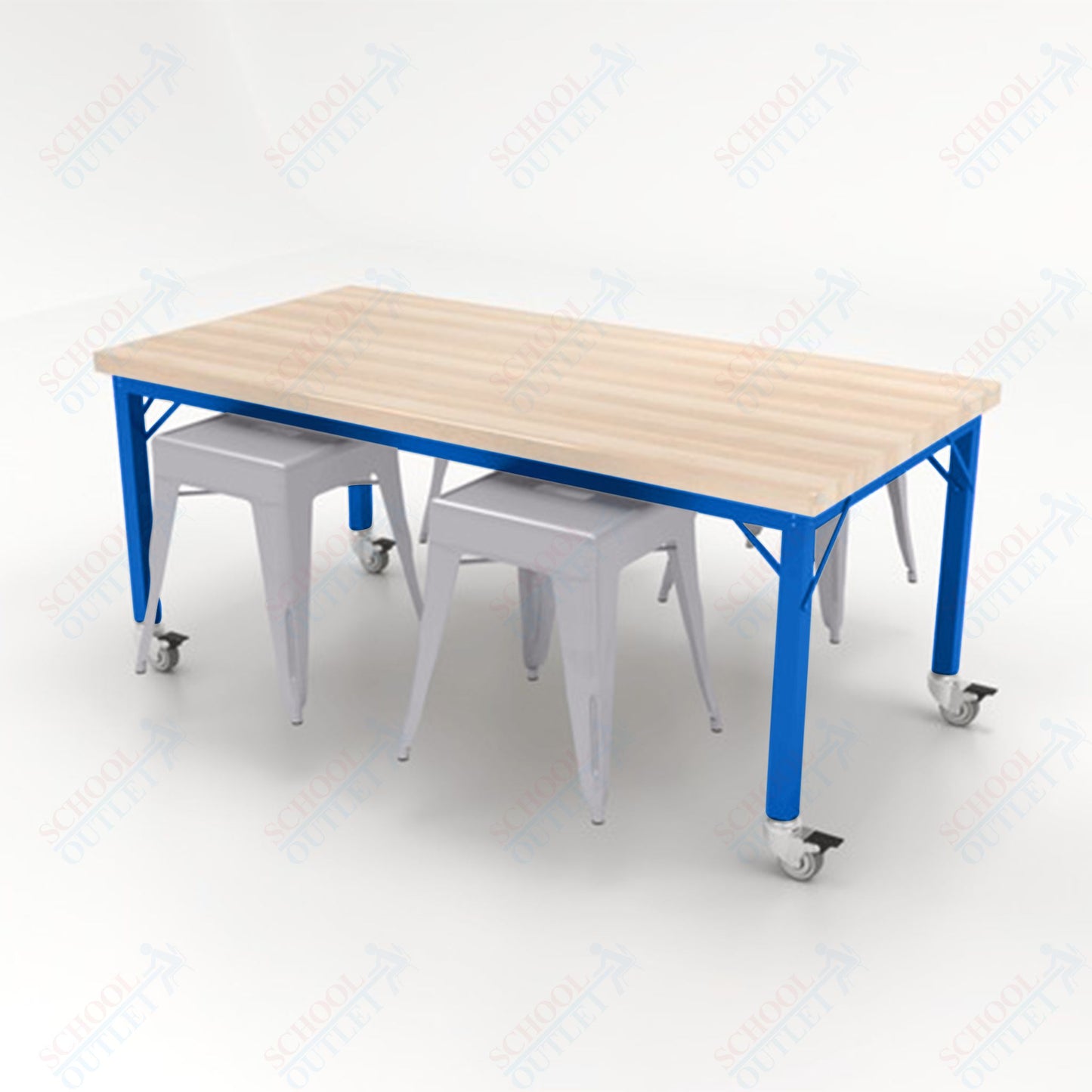 CEF Brainstorm Workbench 30"H with Butcher Block Top and Steel Frame, 4 Magnetic Metal Stools Included, for 3rd Grade and Up - SchoolOutlet