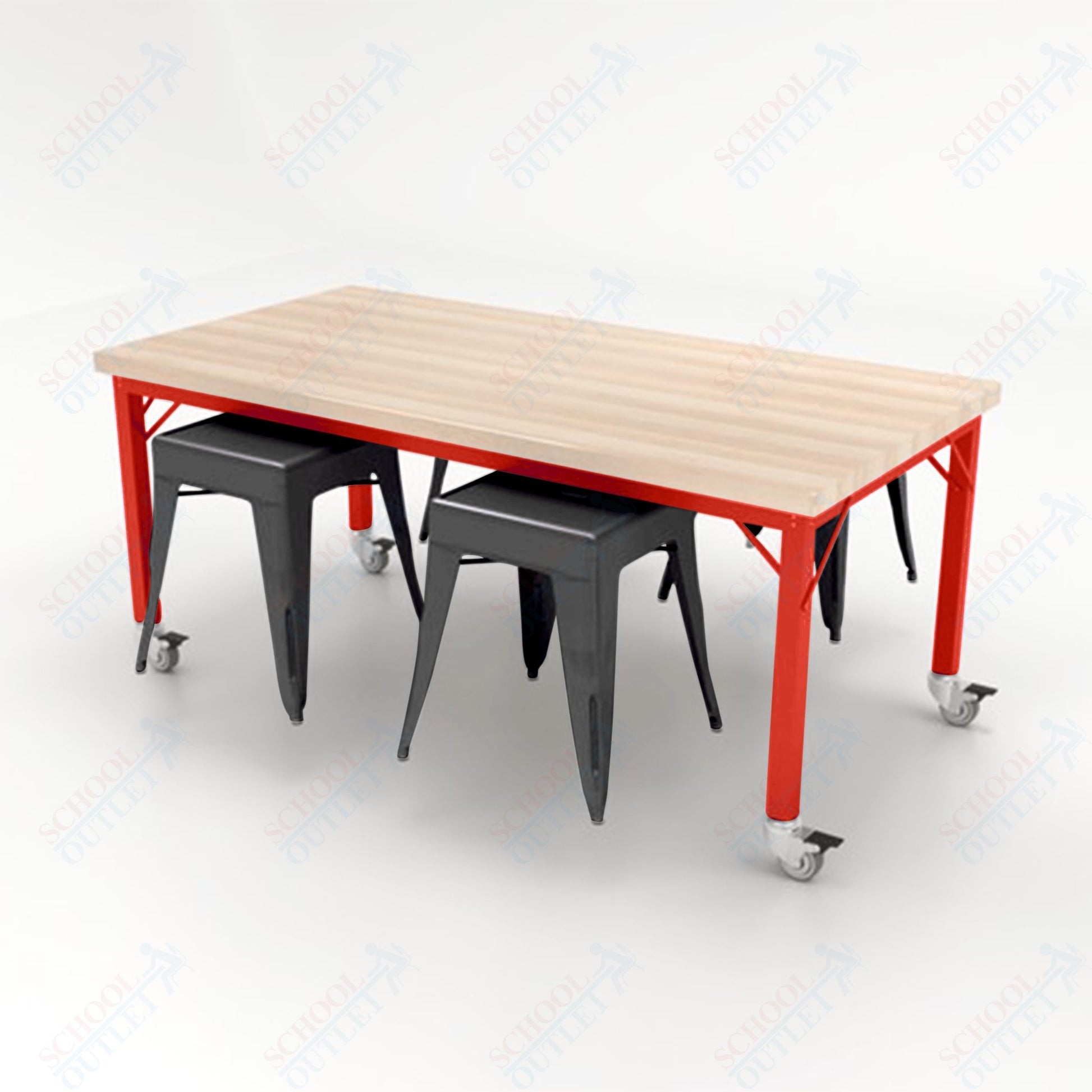 CEF Brainstorm Workbench 30"H with Butcher Block Top and Steel Frame, 4 Magnetic Metal Stools Included, for 3rd Grade and Up - SchoolOutlet