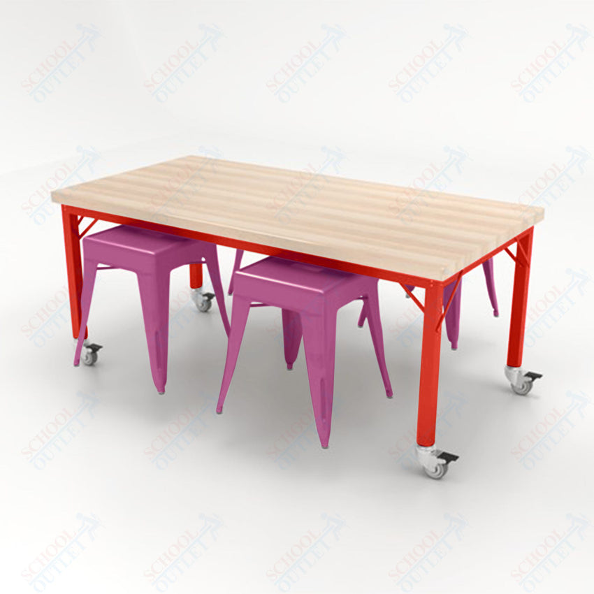 CEF Brainstorm Workbench 30"H with Butcher Block Top and Steel Frame, 4 Magnetic Metal Stools Included, for 3rd Grade and Up - SchoolOutlet