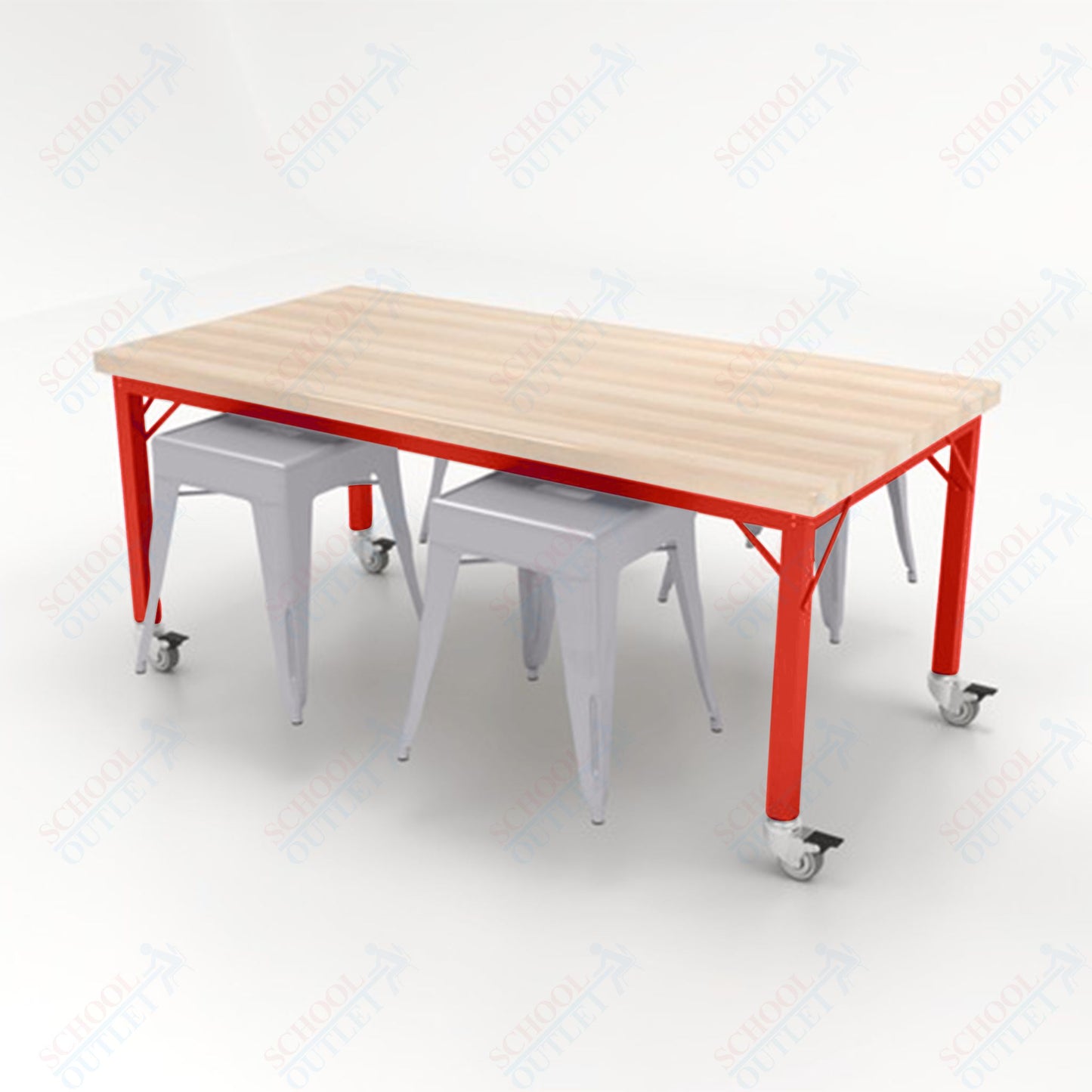 CEF Brainstorm Workbench 30"H with Butcher Block Top and Steel Frame, 4 Magnetic Metal Stools Included, for 3rd Grade and Up - SchoolOutlet