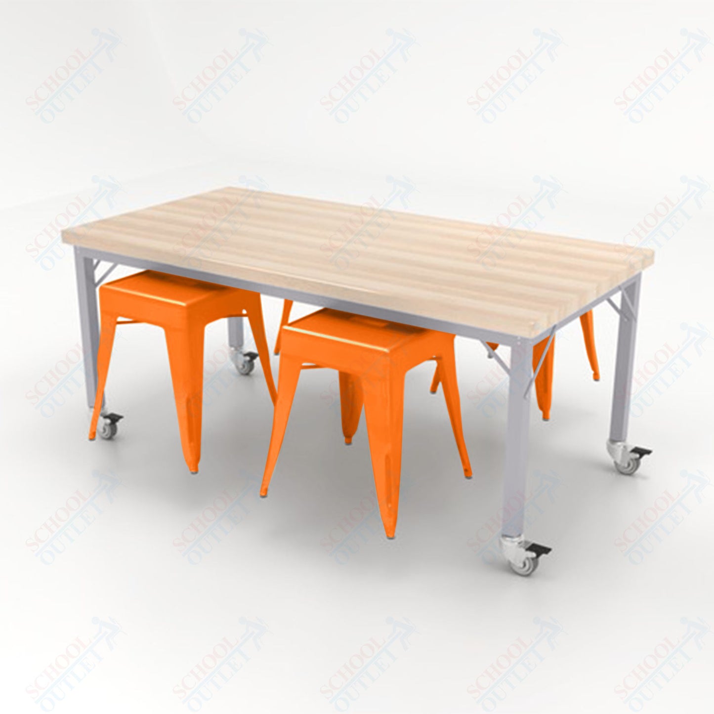 CEF Brainstorm Workbench 30"H with Butcher Block Top and Steel Frame, 4 Magnetic Metal Stools Included, for 3rd Grade and Up - SchoolOutlet