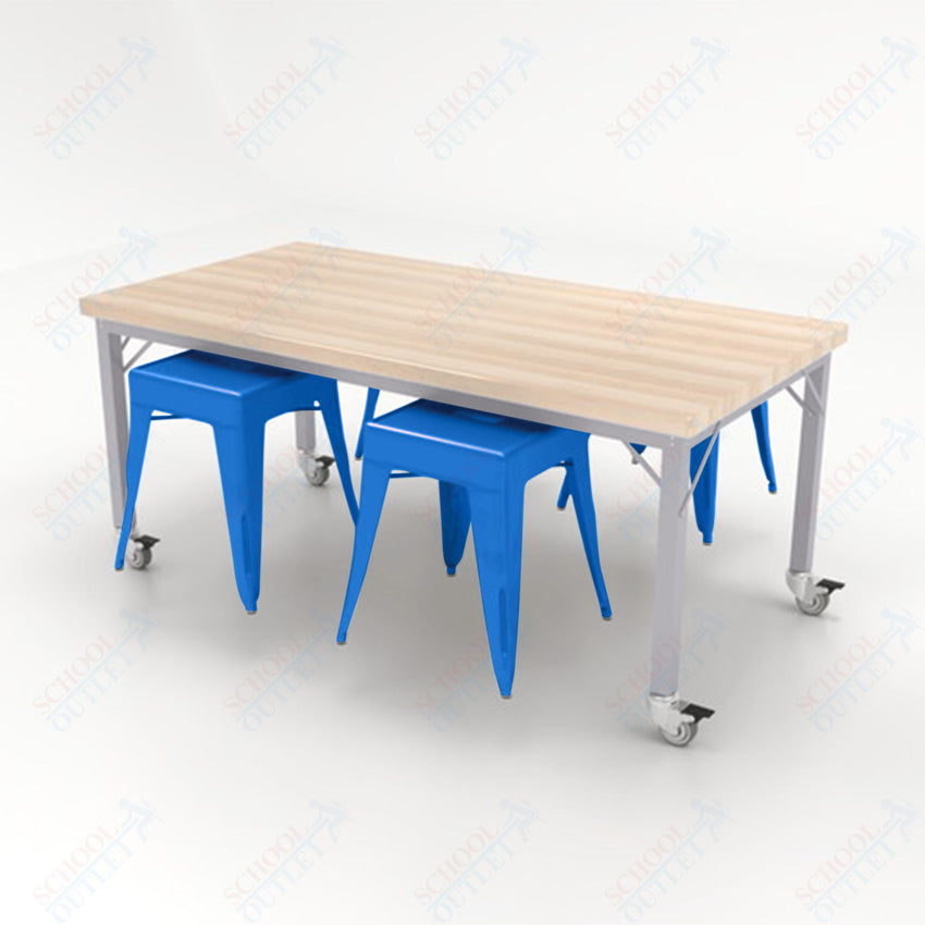 CEF Brainstorm Workbench 30"H with Butcher Block Top and Steel Frame, 4 Magnetic Metal Stools Included, for 3rd Grade and Up - SchoolOutlet