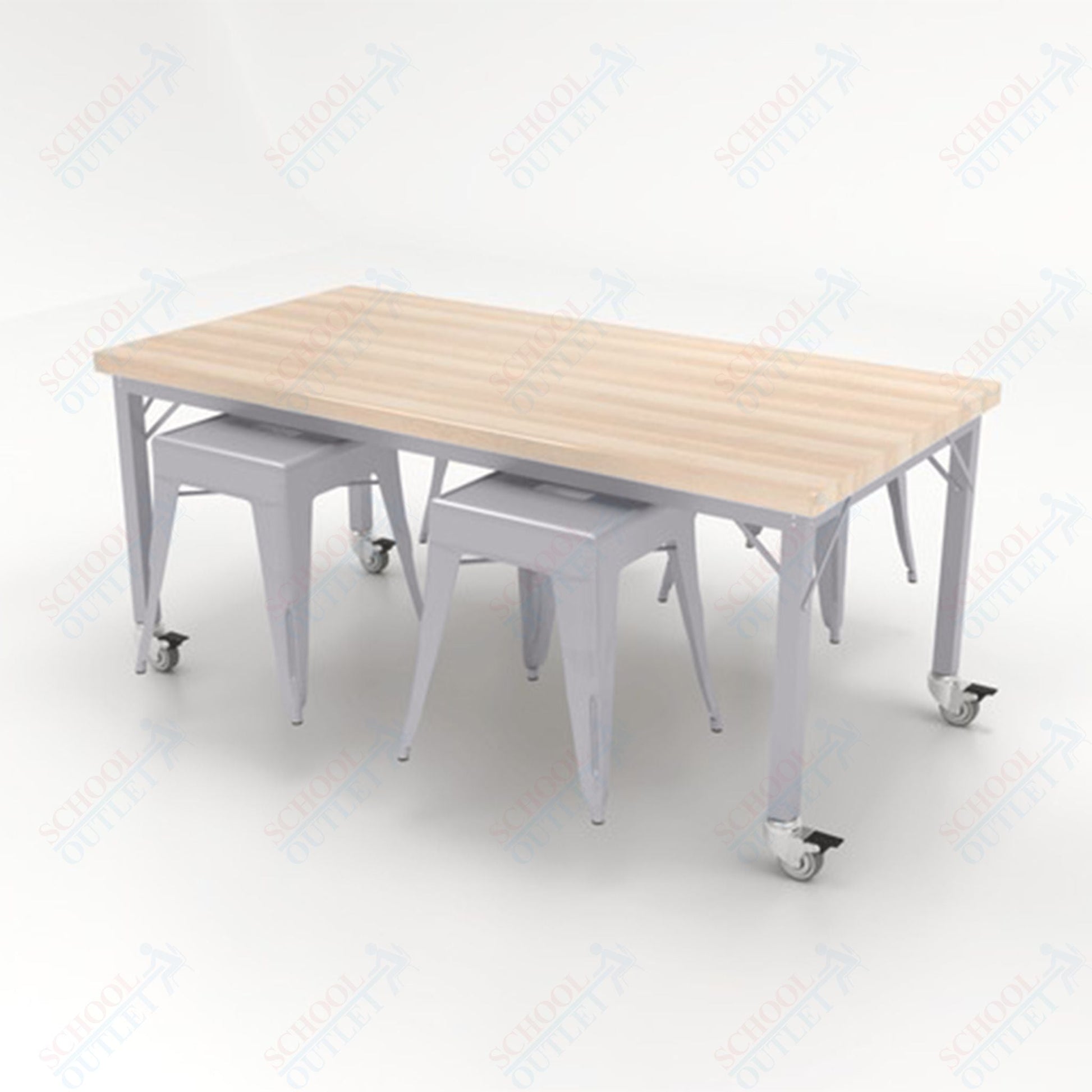 CEF Brainstorm Workbench 30"H with Butcher Block Top and Steel Frame, 4 Magnetic Metal Stools Included, for 3rd Grade and Up - SchoolOutlet