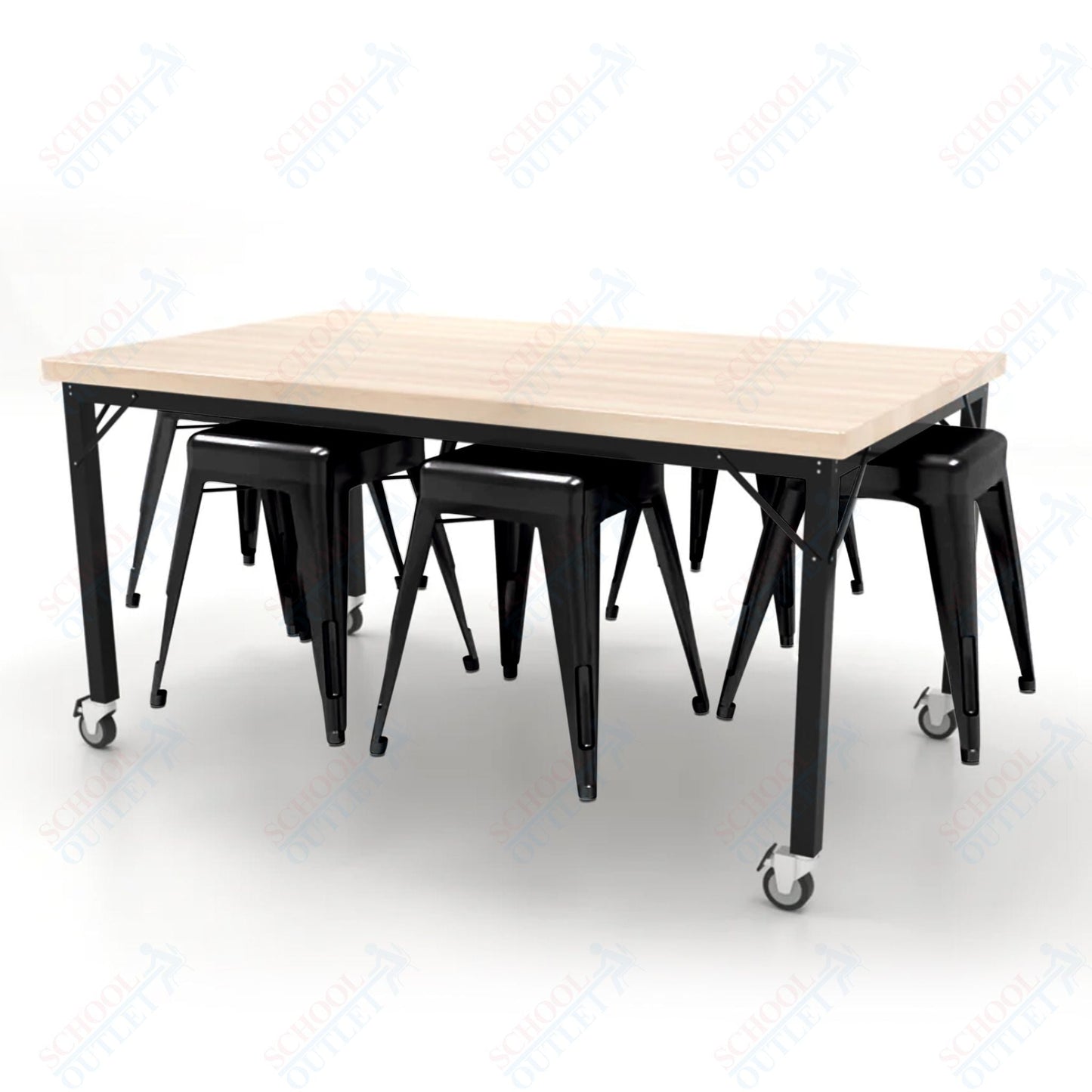 CEF Brainstorm Workbench 30"H with Butcher Block Top and Steel Frame, 6 Magnetic Metal Stools Included, for 3rd Grade and Up - SchoolOutlet