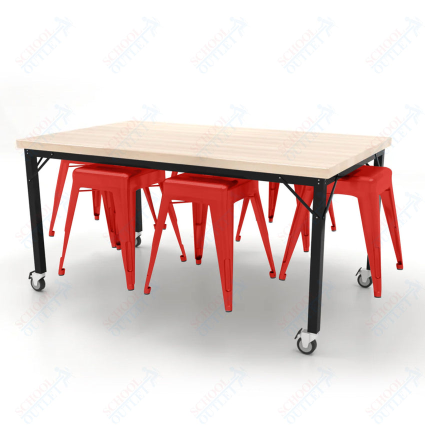 CEF Brainstorm Workbench 30"H with Butcher Block Top and Steel Frame, 6 Magnetic Metal Stools Included, for 3rd Grade and Up - SchoolOutlet