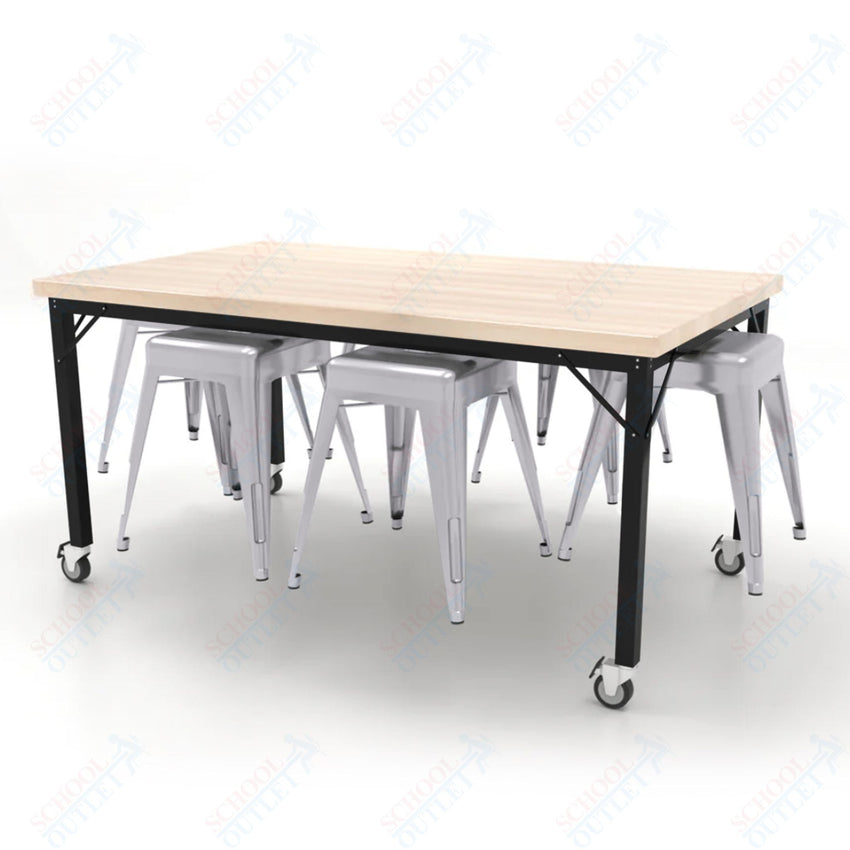 CEF Brainstorm Workbench 30"H with Butcher Block Top and Steel Frame, 6 Magnetic Metal Stools Included, for 3rd Grade and Up - SchoolOutlet