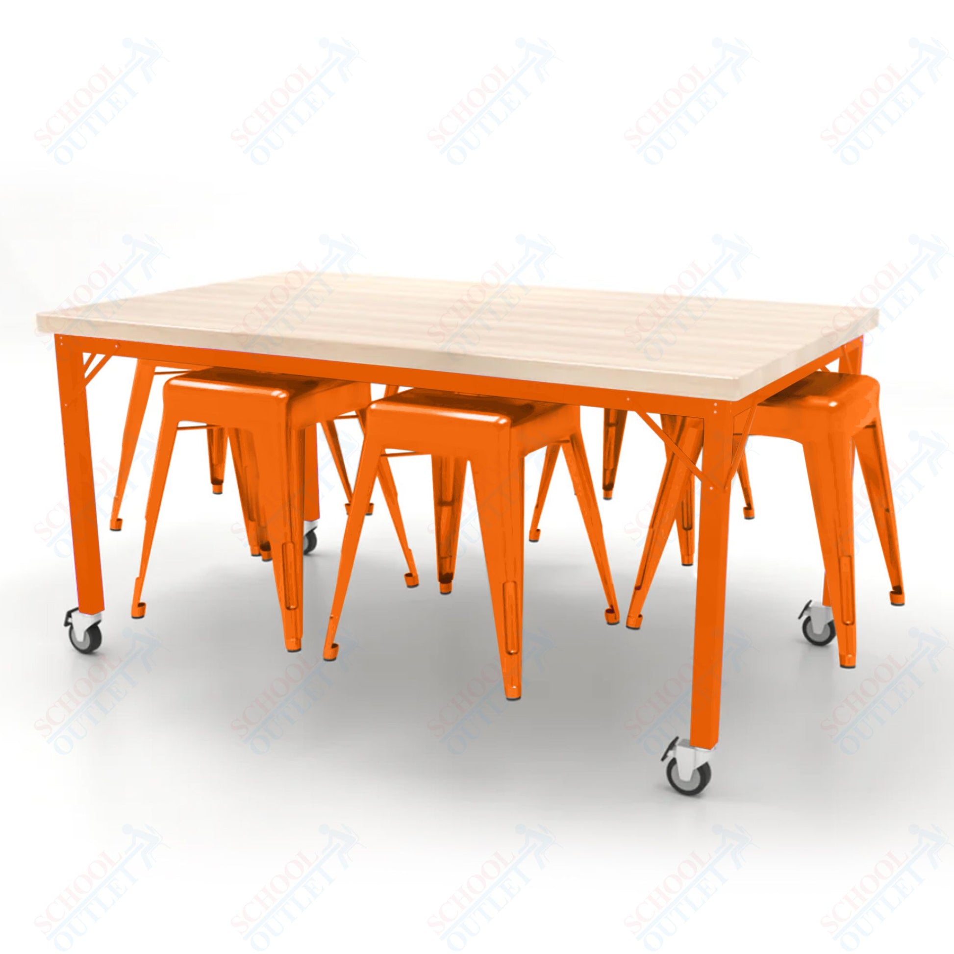 CEF Brainstorm Workbench 30"H with Butcher Block Top and Steel Frame, 6 Magnetic Metal Stools Included, for 3rd Grade and Up - SchoolOutlet