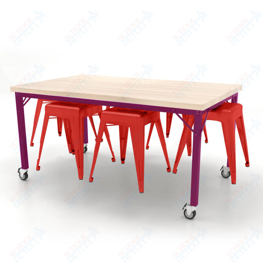 CEF Brainstorm Workbench 30"H with Butcher Block Top and Steel Frame, 6 Magnetic Metal Stools Included, for 3rd Grade and Up - SchoolOutlet