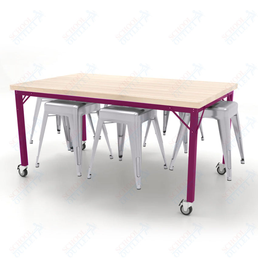 CEF Brainstorm Workbench 30"H with Butcher Block Top and Steel Frame, 6 Magnetic Metal Stools Included, for 3rd Grade and Up - SchoolOutlet