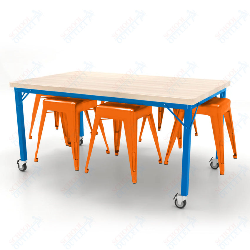 CEF Brainstorm Workbench 30"H with Butcher Block Top and Steel Frame, 6 Magnetic Metal Stools Included, for 3rd Grade and Up - SchoolOutlet