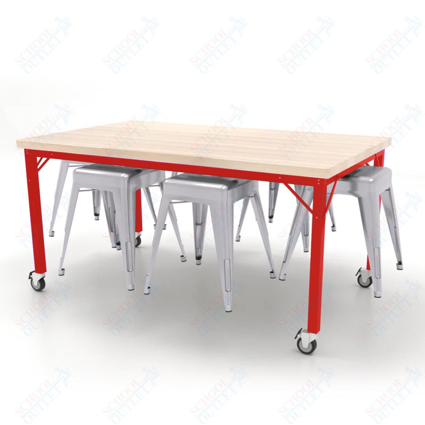 CEF Brainstorm Workbench 30"H with Butcher Block Top and Steel Frame, 6 Magnetic Metal Stools Included, for 3rd Grade and Up - SchoolOutlet