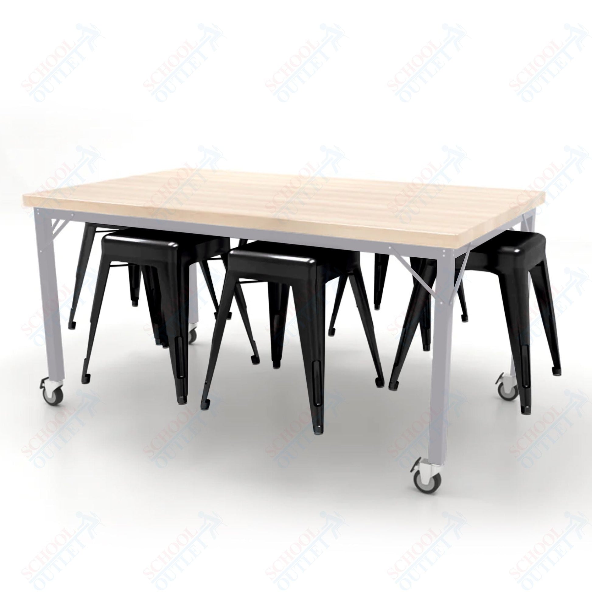 CEF Brainstorm Workbench 30"H with Butcher Block Top and Steel Frame, 6 Magnetic Metal Stools Included, for 3rd Grade and Up - SchoolOutlet