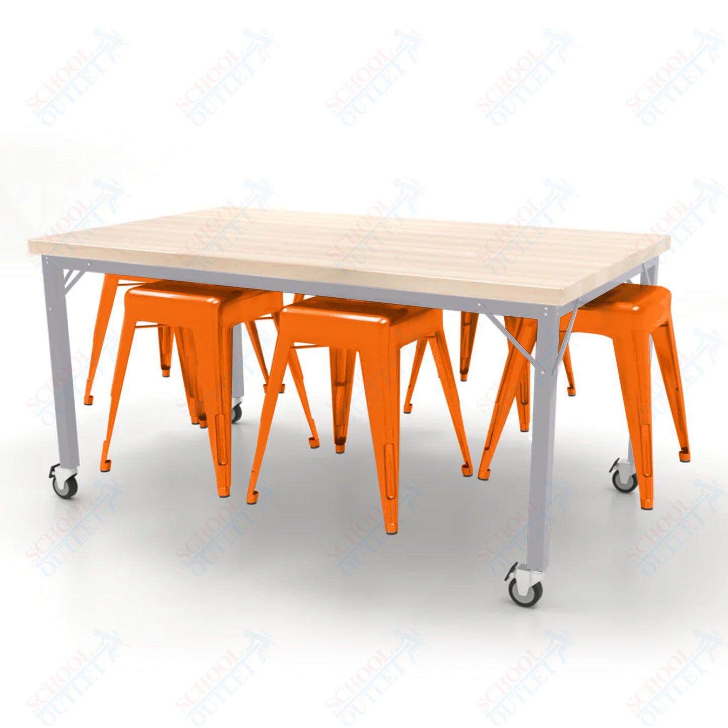 CEF Brainstorm Workbench 30"H with Butcher Block Top and Steel Frame, 6 Magnetic Metal Stools Included, for 3rd Grade and Up - SchoolOutlet