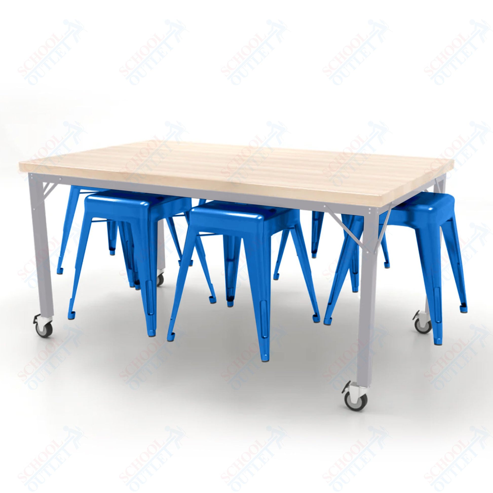 CEF Brainstorm Workbench 30"H with Butcher Block Top and Steel Frame, 6 Magnetic Metal Stools Included, for 3rd Grade and Up - SchoolOutlet