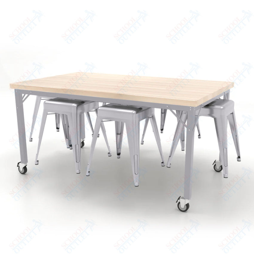 CEF Brainstorm Workbench 30"H with Butcher Block Top and Steel Frame, 6 Magnetic Metal Stools Included, for 3rd Grade and Up - SchoolOutlet