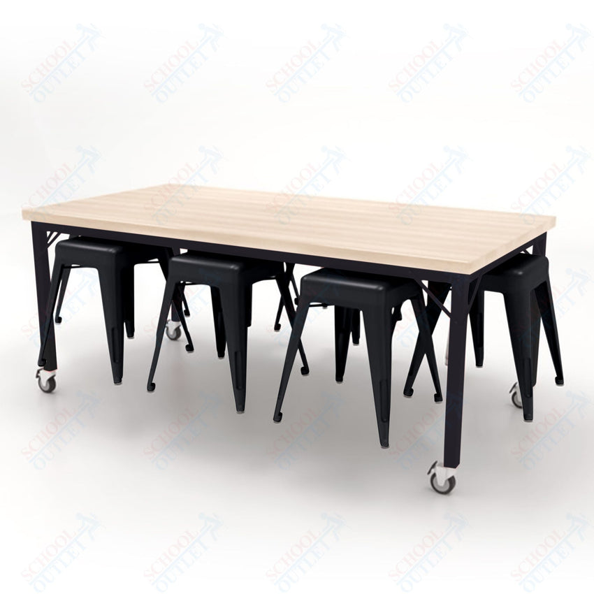 CEF Brainstorm Workbench 30"H with Butcher Block Top and Steel Frame, 8 Magnetic Metal Stools Included, for 3rd Grade and Up - SchoolOutlet