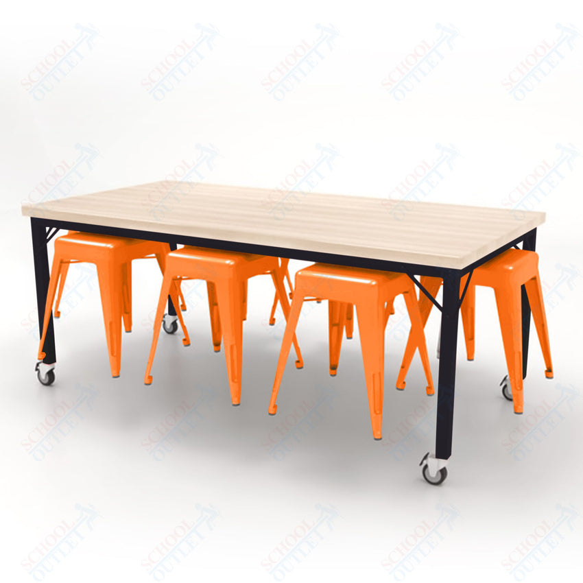 CEF Brainstorm Workbench 30"H with Butcher Block Top and Steel Frame, 8 Magnetic Metal Stools Included, for 3rd Grade and Up - SchoolOutlet