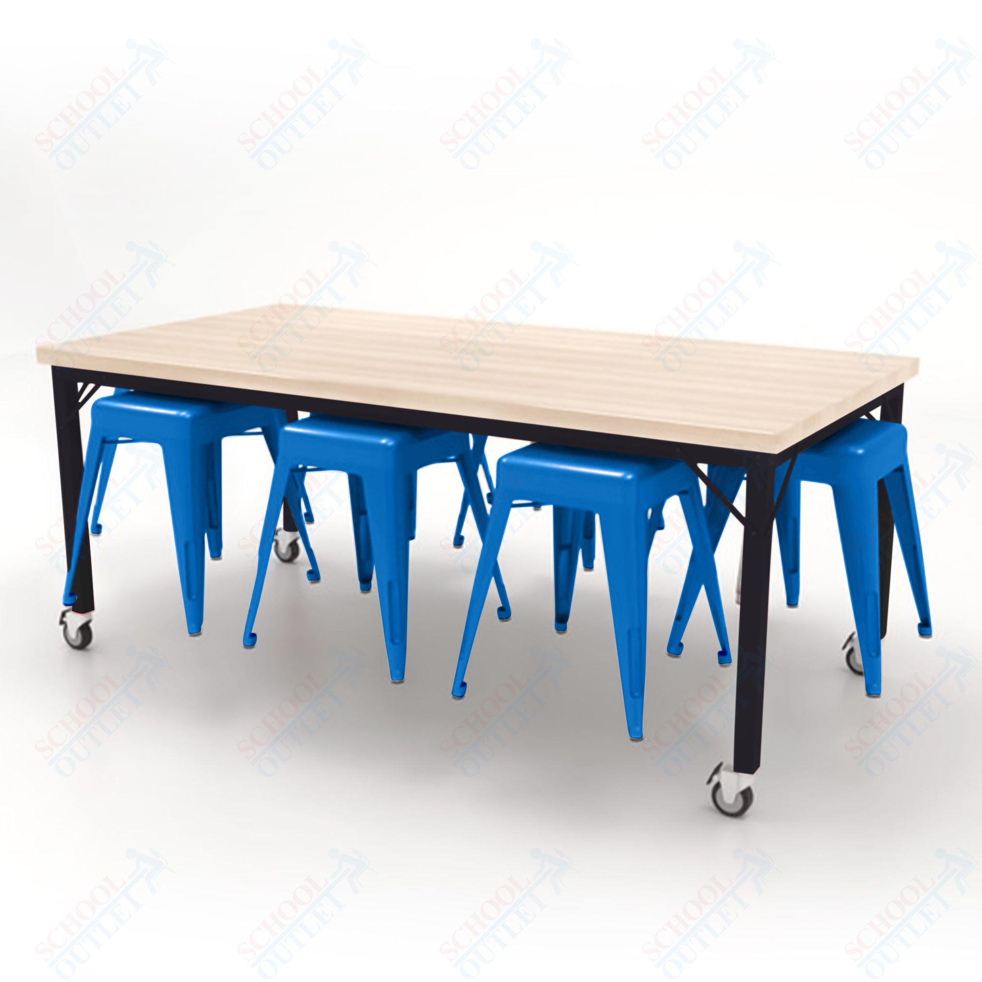 CEF Brainstorm Workbench 30"H with Butcher Block Top and Steel Frame, 8 Magnetic Metal Stools Included, for 3rd Grade and Up - SchoolOutlet