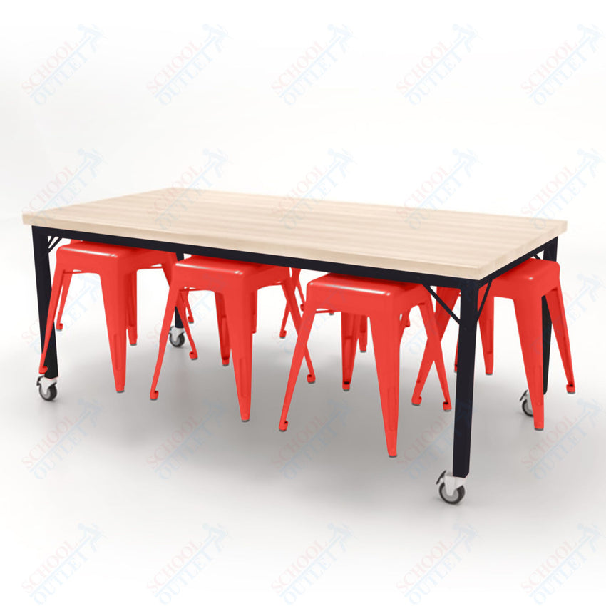 CEF Brainstorm Workbench 30"H with Butcher Block Top and Steel Frame, 8 Magnetic Metal Stools Included, for 3rd Grade and Up - SchoolOutlet