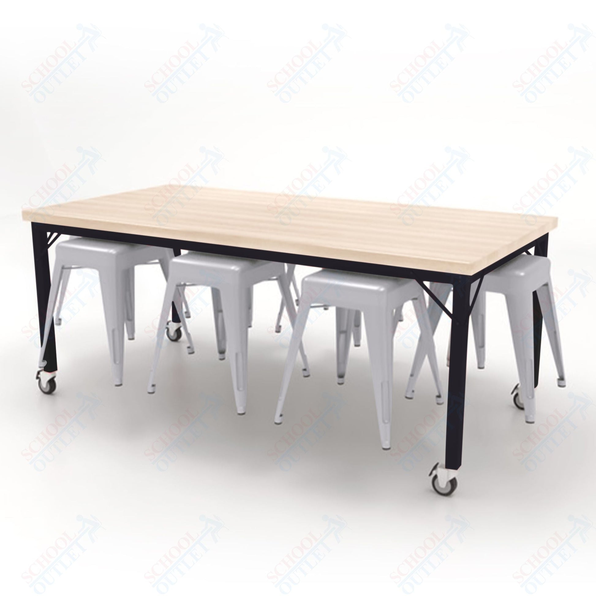 CEF Brainstorm Workbench 30"H with Butcher Block Top and Steel Frame, 8 Magnetic Metal Stools Included, for 3rd Grade and Up - SchoolOutlet