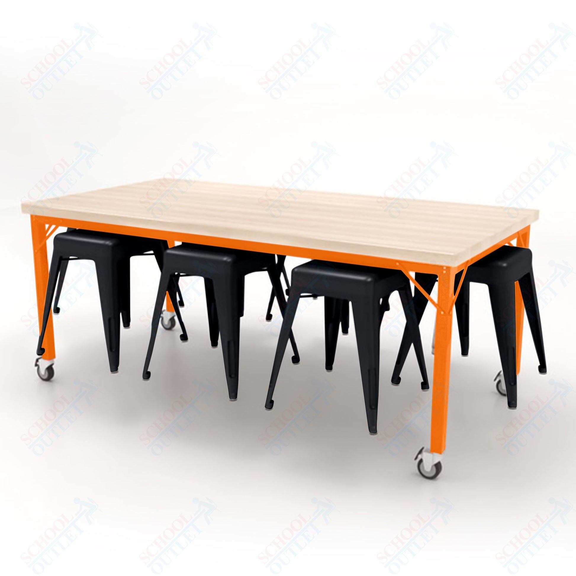 CEF Brainstorm Workbench 30"H with Butcher Block Top and Steel Frame, 8 Magnetic Metal Stools Included, for 3rd Grade and Up - SchoolOutlet