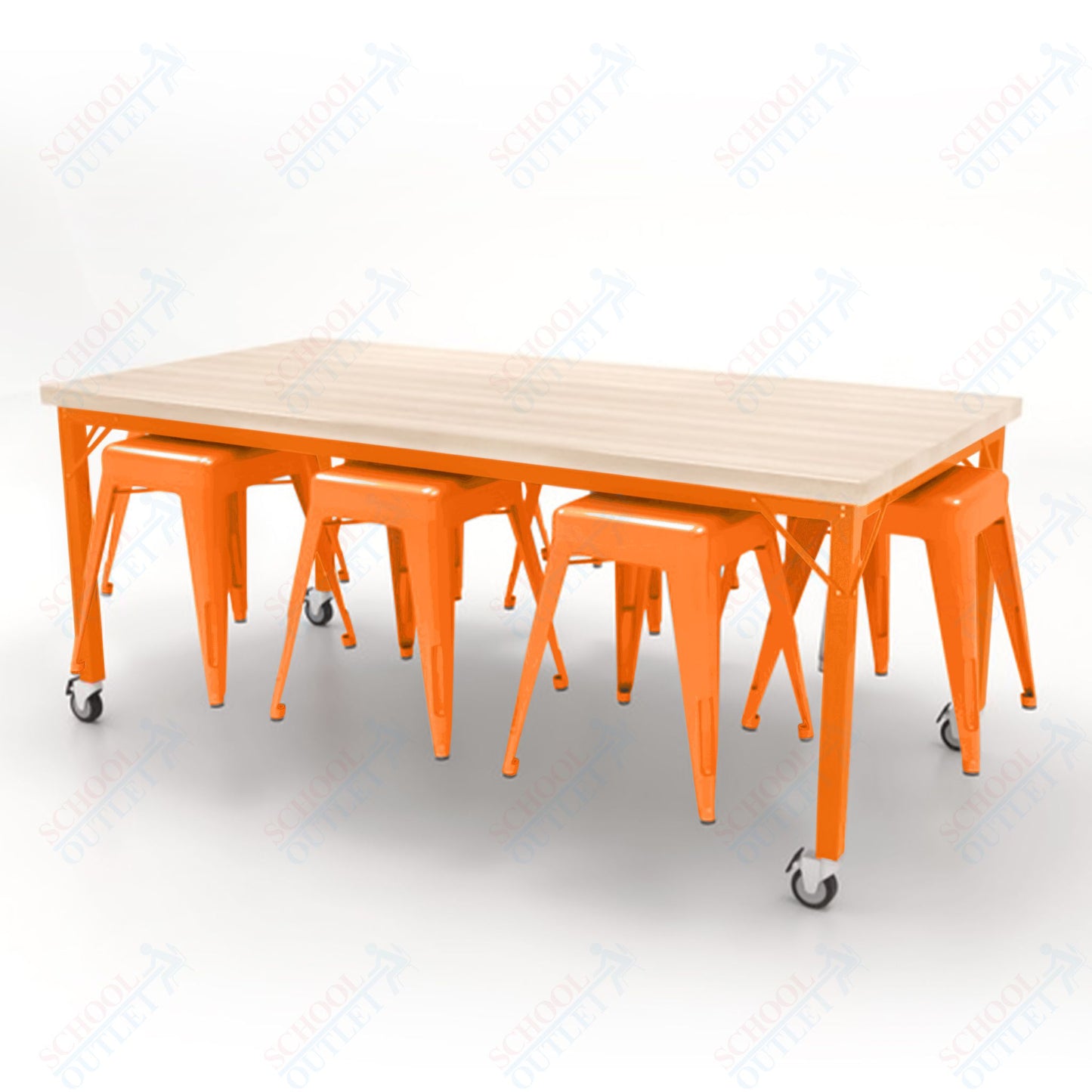 CEF Brainstorm Workbench 30"H with Butcher Block Top and Steel Frame, 8 Magnetic Metal Stools Included, for 3rd Grade and Up - SchoolOutlet