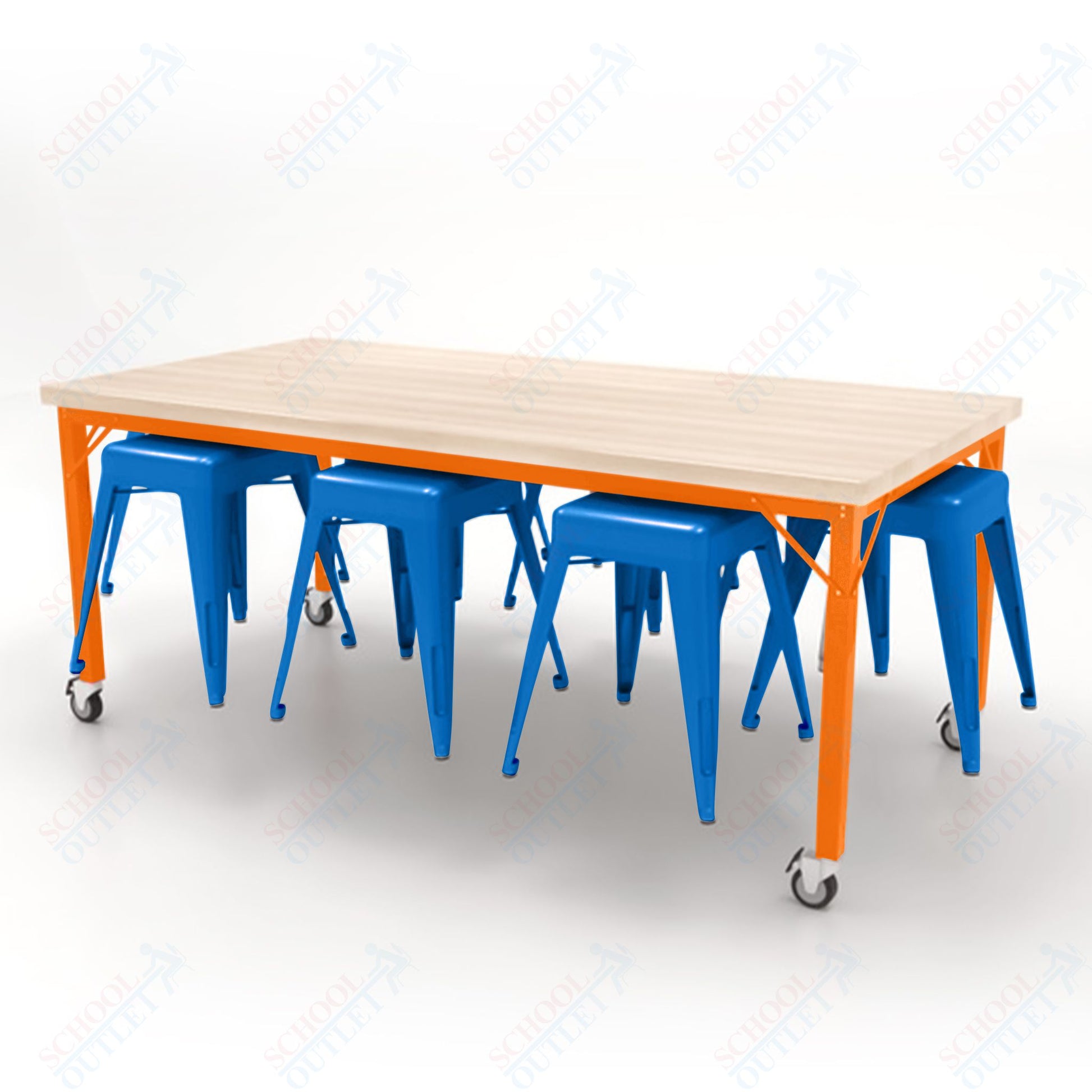 CEF Brainstorm Workbench 30"H with Butcher Block Top and Steel Frame, 8 Magnetic Metal Stools Included, for 3rd Grade and Up - SchoolOutlet