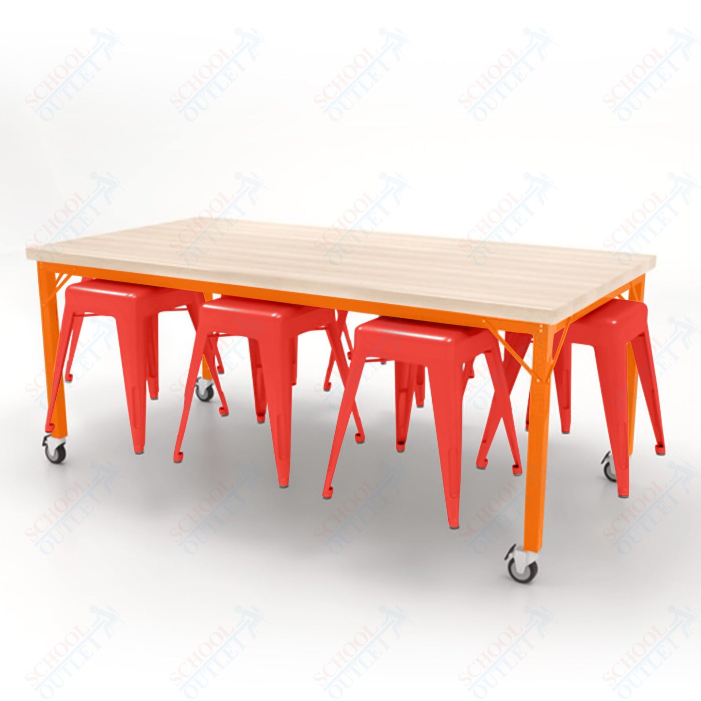 CEF Brainstorm Workbench 30"H with Butcher Block Top and Steel Frame, 8 Magnetic Metal Stools Included, for 3rd Grade and Up - SchoolOutlet