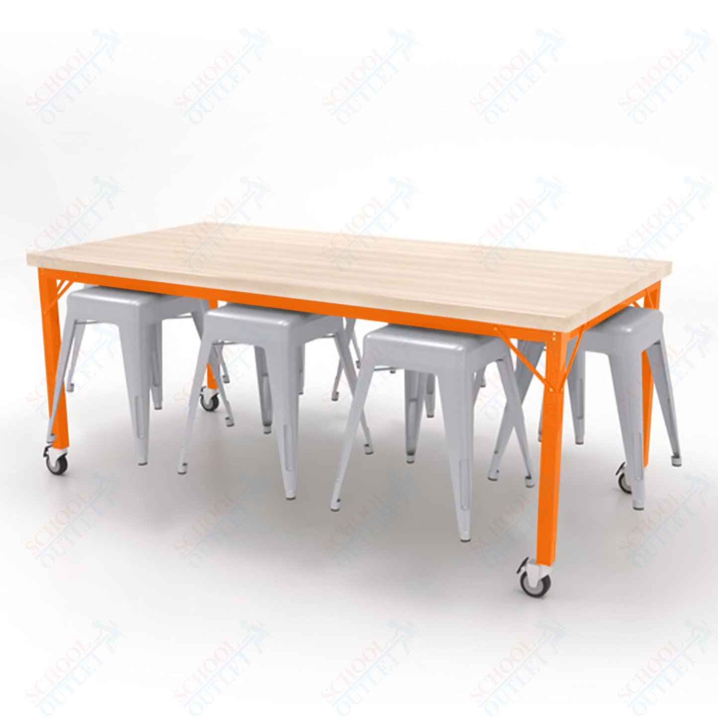 CEF Brainstorm Workbench 30"H with Butcher Block Top and Steel Frame, 8 Magnetic Metal Stools Included, for 3rd Grade and Up - SchoolOutlet