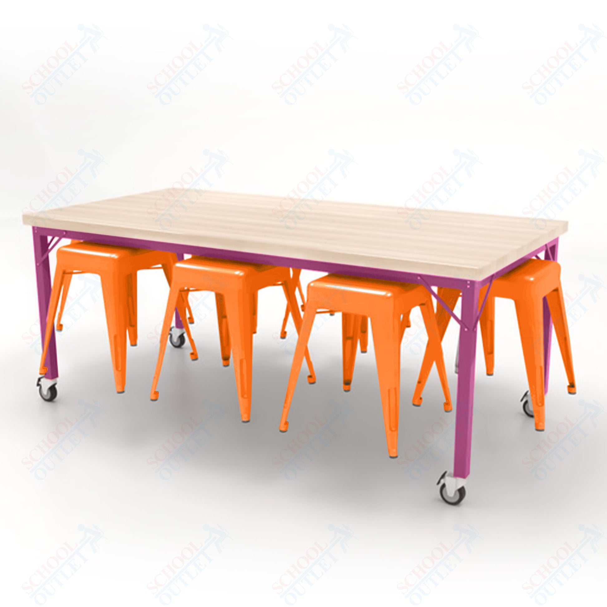 CEF Brainstorm Workbench 30"H with Butcher Block Top and Steel Frame, 8 Magnetic Metal Stools Included, for 3rd Grade and Up - SchoolOutlet