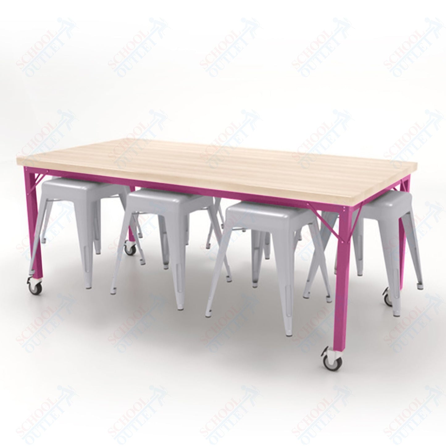 CEF Brainstorm Workbench 30"H with Butcher Block Top and Steel Frame, 8 Magnetic Metal Stools Included, for 3rd Grade and Up - SchoolOutlet