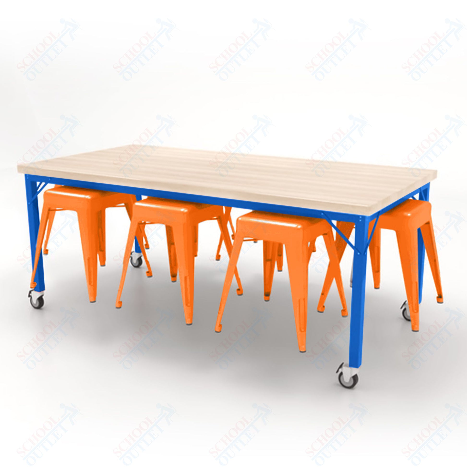 CEF Brainstorm Workbench 30"H with Butcher Block Top and Steel Frame, 8 Magnetic Metal Stools Included, for 3rd Grade and Up - SchoolOutlet