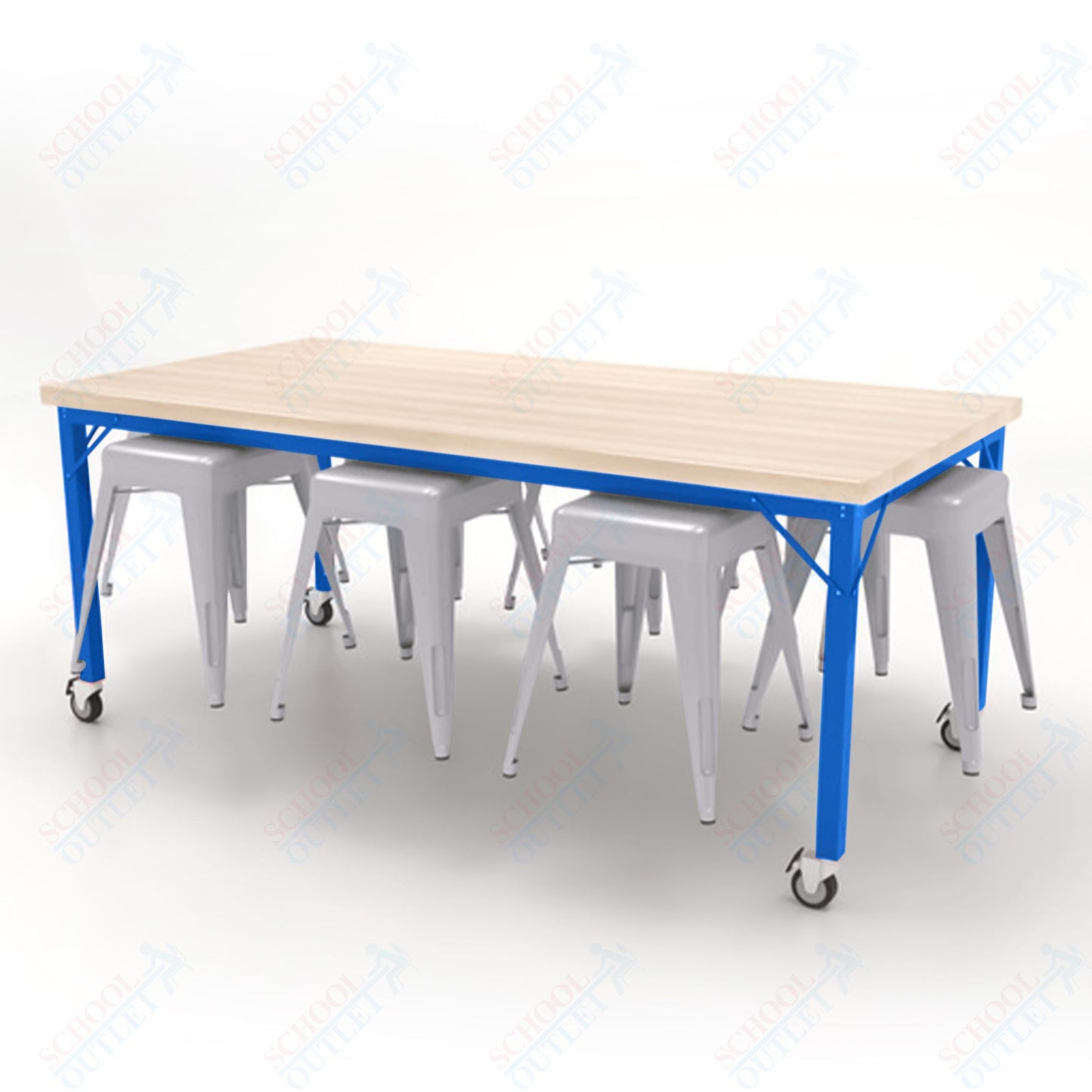 CEF Brainstorm Workbench 30"H with Butcher Block Top and Steel Frame, 8 Magnetic Metal Stools Included, for 3rd Grade and Up - SchoolOutlet