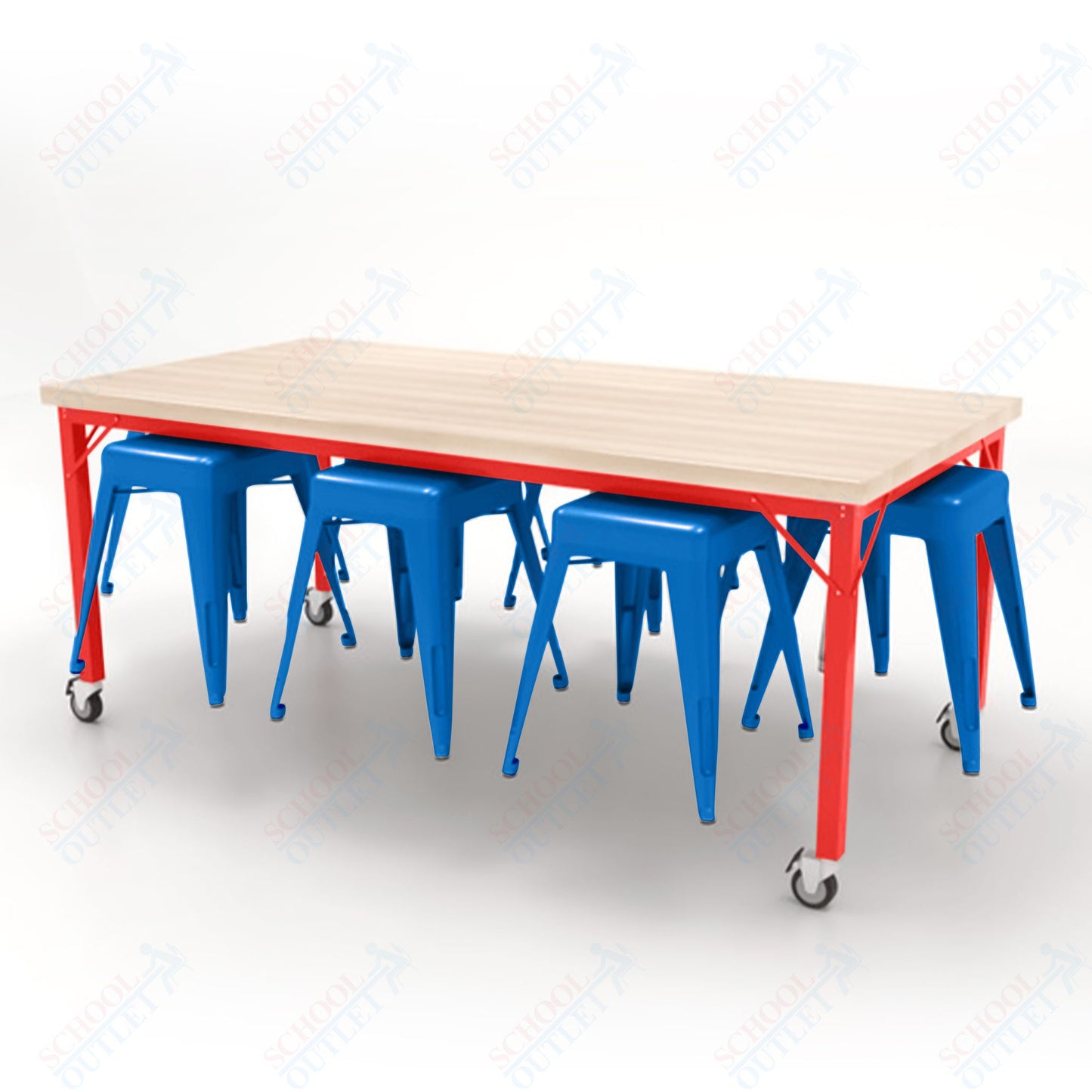 CEF Brainstorm Workbench 30"H with Butcher Block Top and Steel Frame, 8 Magnetic Metal Stools Included, for 3rd Grade and Up - SchoolOutlet