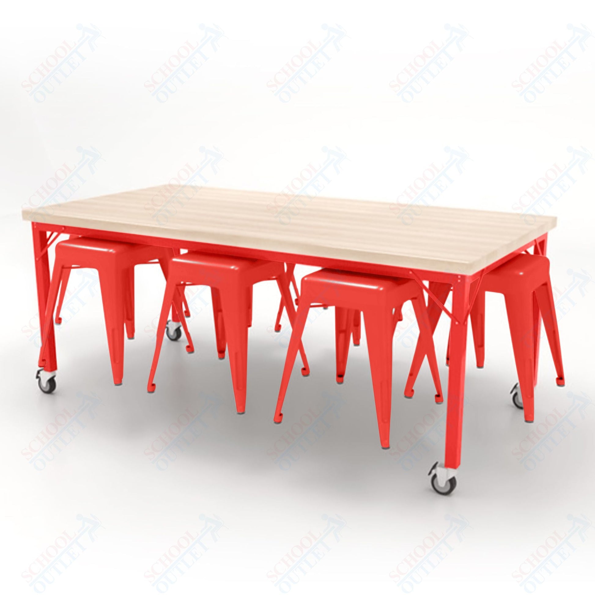 CEF Brainstorm Workbench 30"H with Butcher Block Top and Steel Frame, 8 Magnetic Metal Stools Included, for 3rd Grade and Up - SchoolOutlet