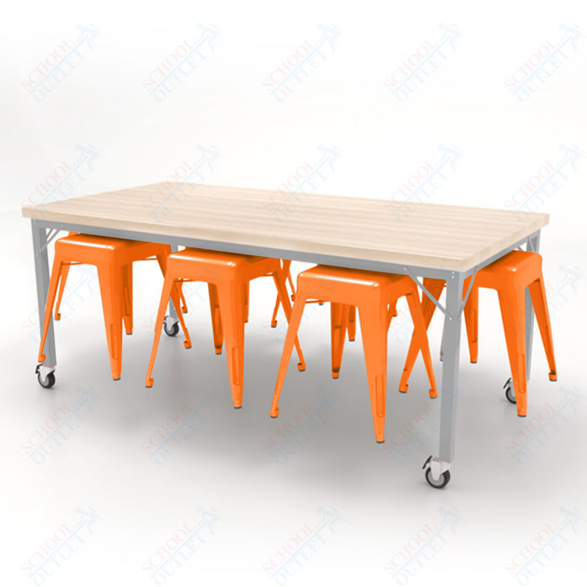 CEF Brainstorm Workbench 30"H with Butcher Block Top and Steel Frame, 8 Magnetic Metal Stools Included, for 3rd Grade and Up - SchoolOutlet