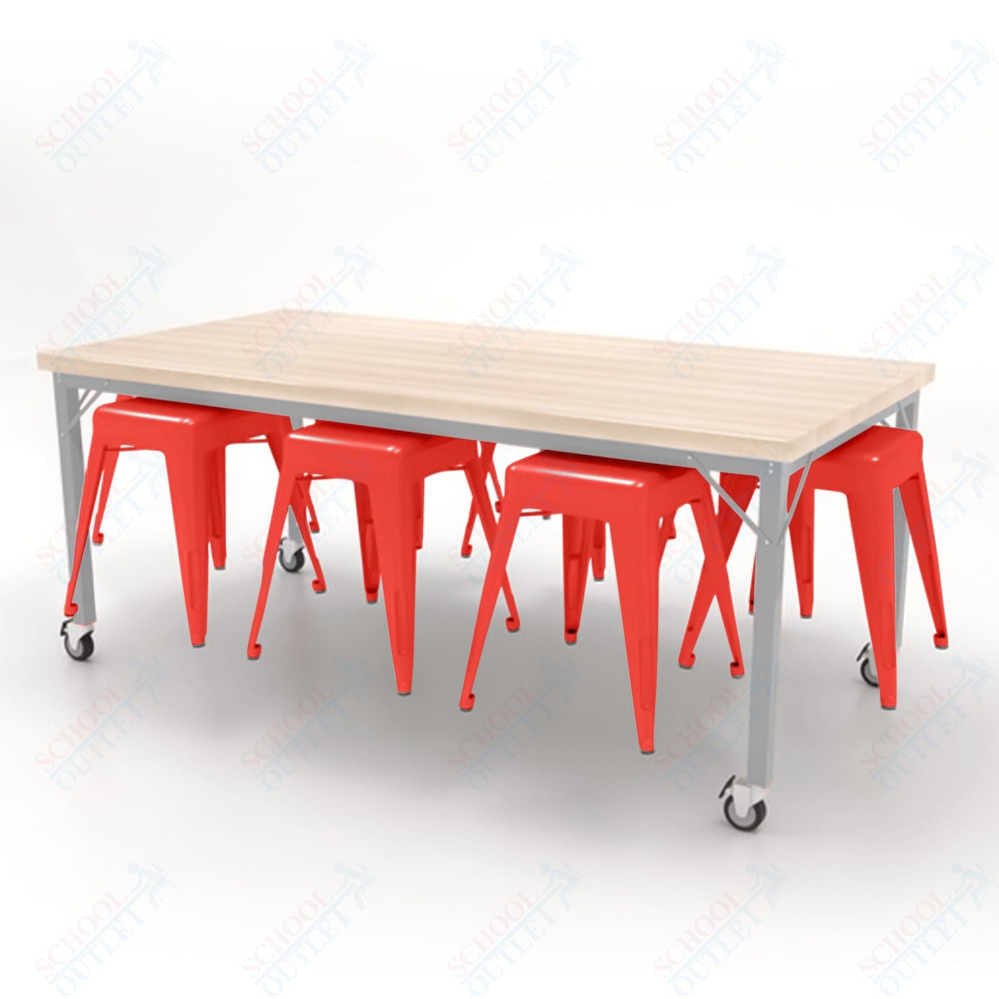 CEF Brainstorm Workbench 30"H with Butcher Block Top and Steel Frame, 8 Magnetic Metal Stools Included, for 3rd Grade and Up - SchoolOutlet