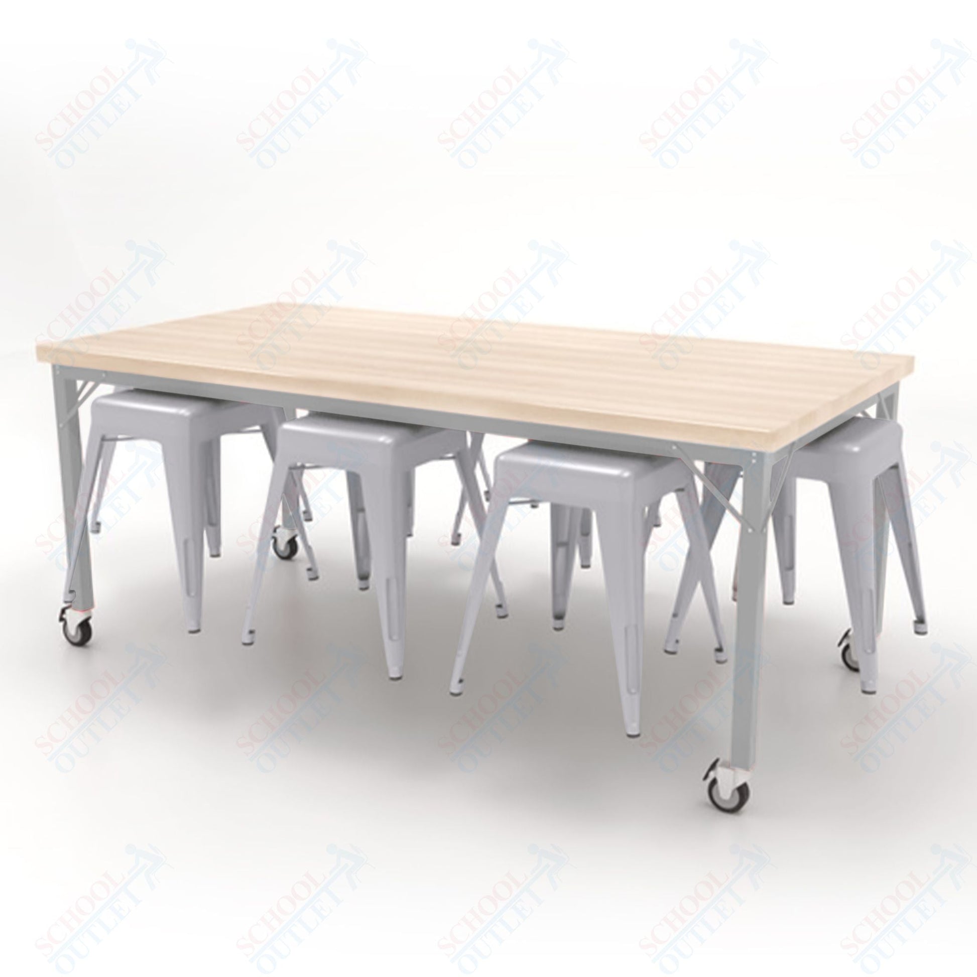 CEF Brainstorm Workbench 30"H with Butcher Block Top and Steel Frame, 8 Magnetic Metal Stools Included, for 3rd Grade and Up - SchoolOutlet