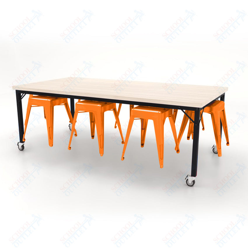 CEF Brainstorm Workbench 30"H with Butcher Block Top and Steel Frame, 8 Magnetic Metal Stools Included, for 3rd Grade and Up - SchoolOutlet