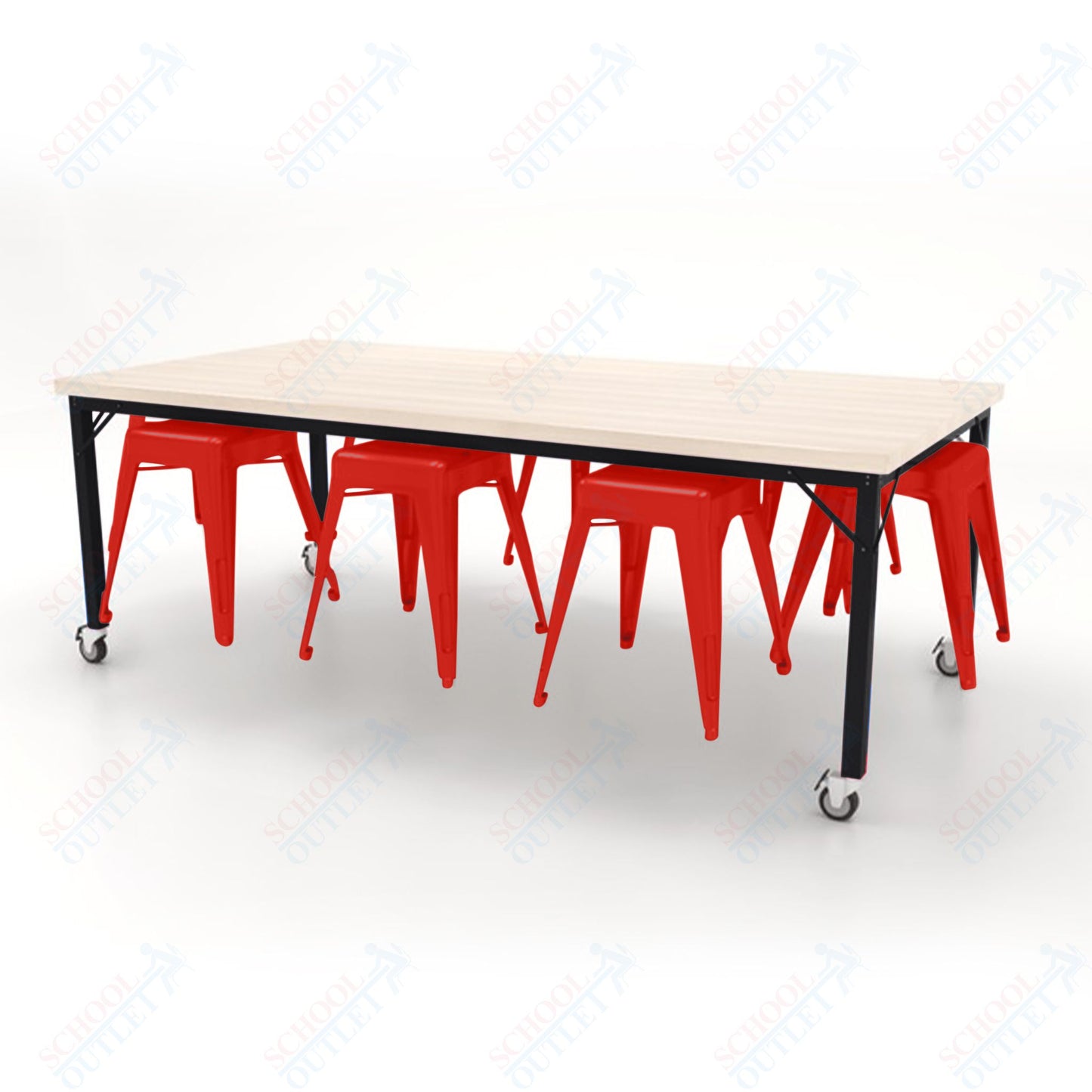 CEF Brainstorm Workbench 30"H with Butcher Block Top and Steel Frame, 8 Magnetic Metal Stools Included, for 3rd Grade and Up - SchoolOutlet