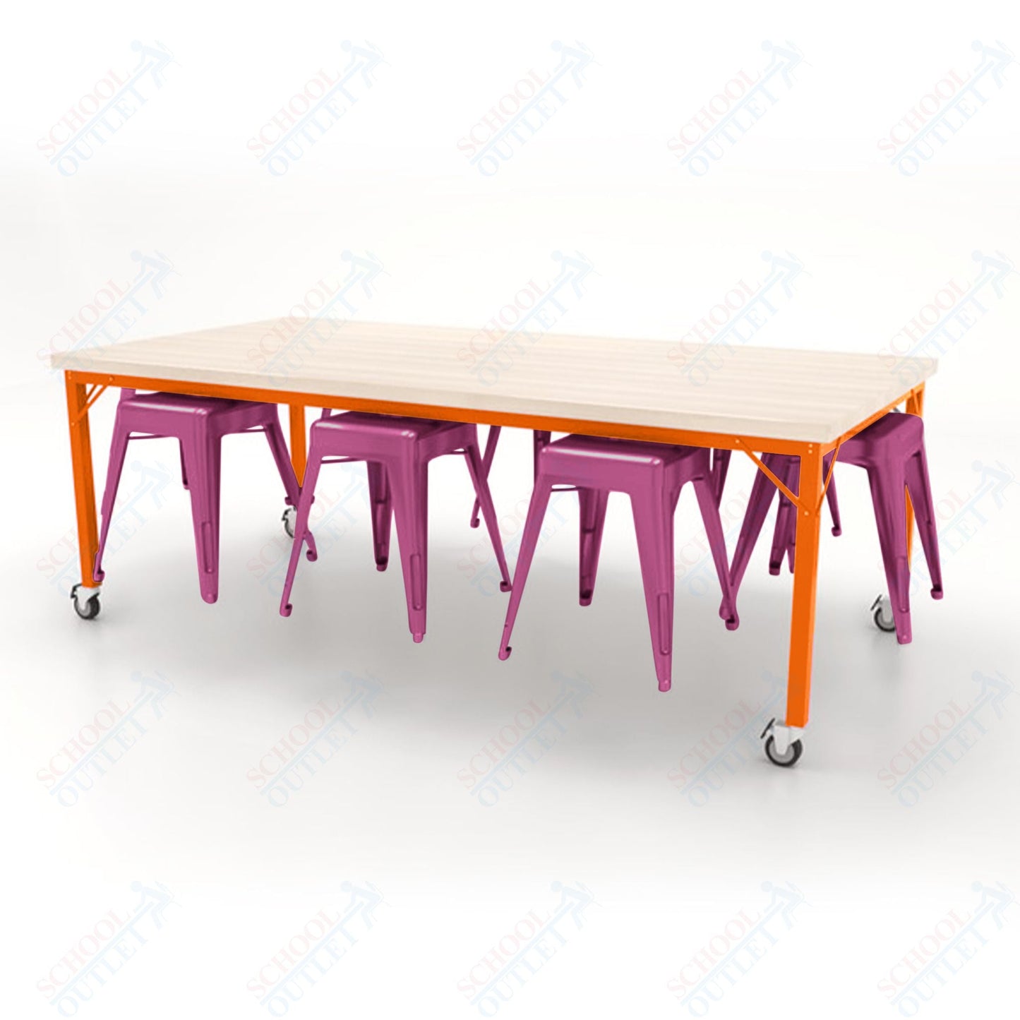 CEF Brainstorm Workbench 30"H with Butcher Block Top and Steel Frame, 8 Magnetic Metal Stools Included, for 3rd Grade and Up - SchoolOutlet