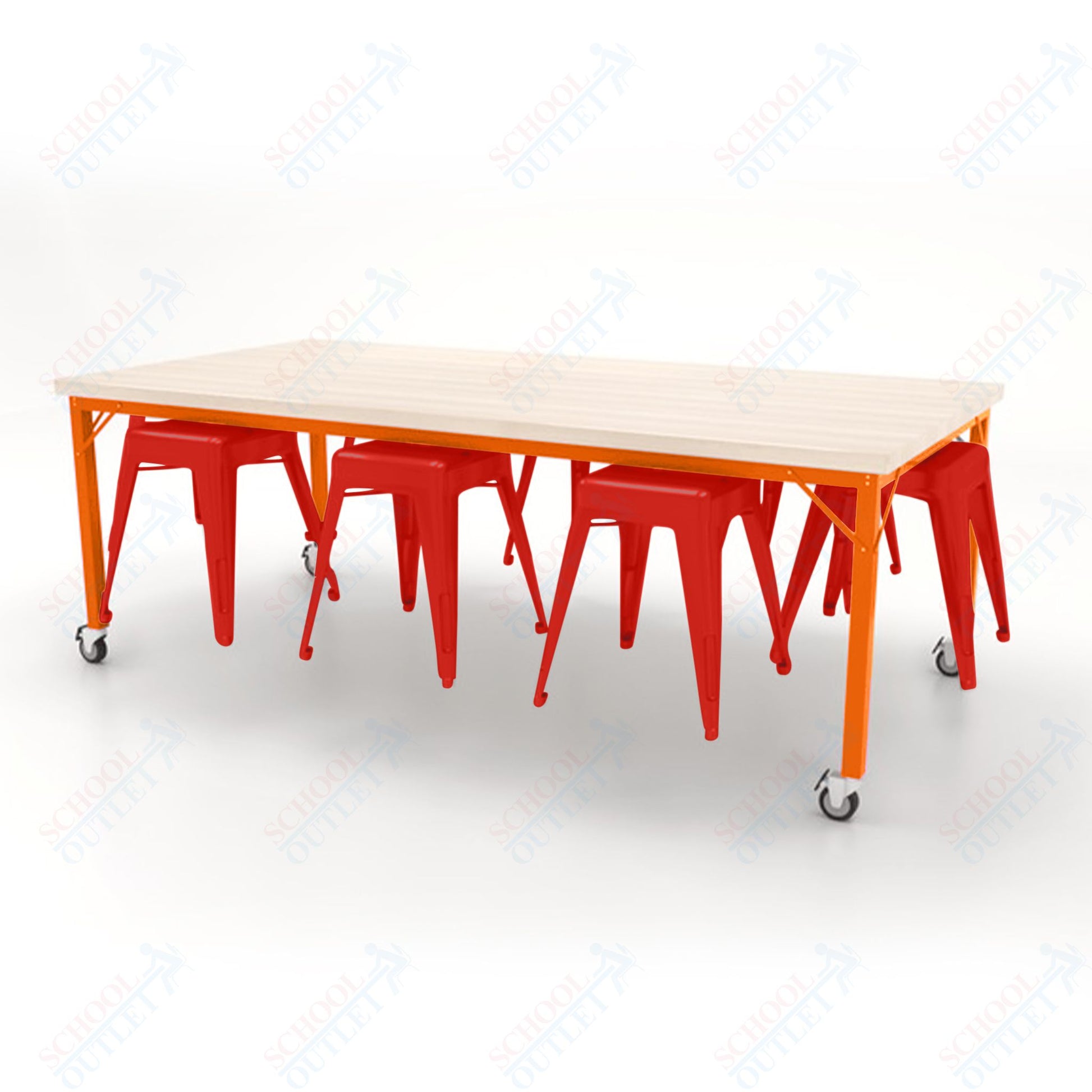 CEF Brainstorm Workbench 30"H with Butcher Block Top and Steel Frame, 8 Magnetic Metal Stools Included, for 3rd Grade and Up - SchoolOutlet