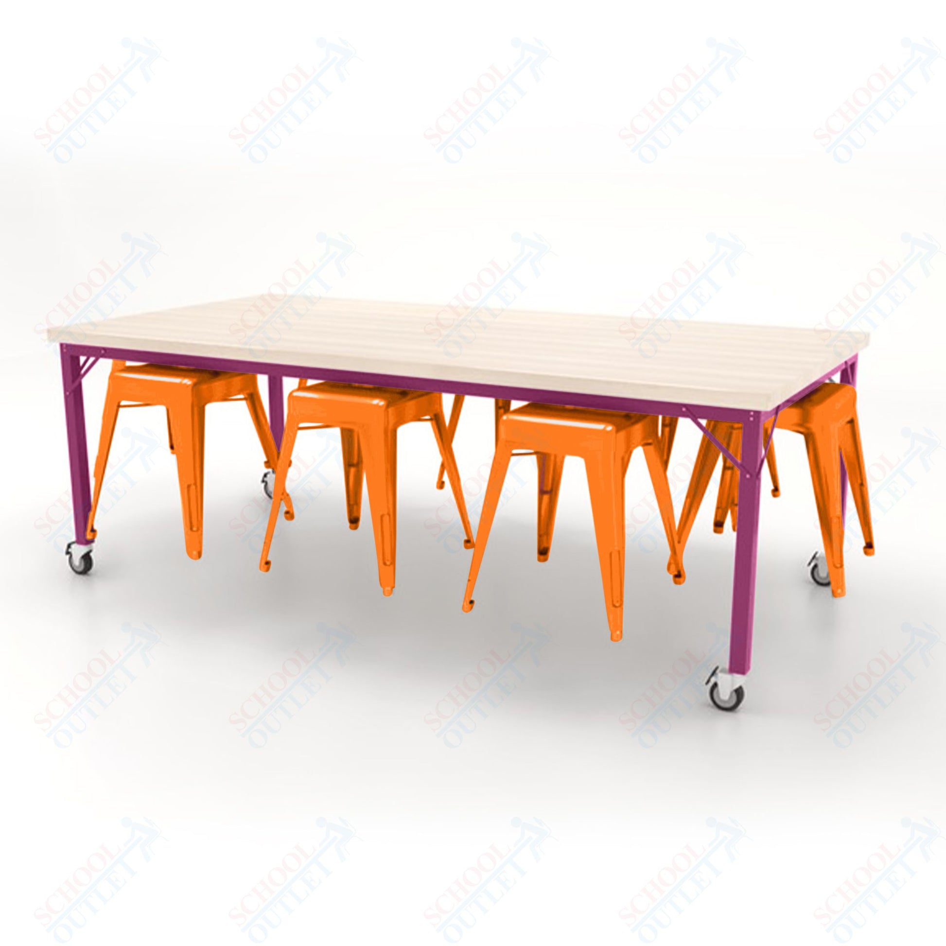 CEF Brainstorm Workbench 30"H with Butcher Block Top and Steel Frame, 8 Magnetic Metal Stools Included, for 3rd Grade and Up - SchoolOutlet