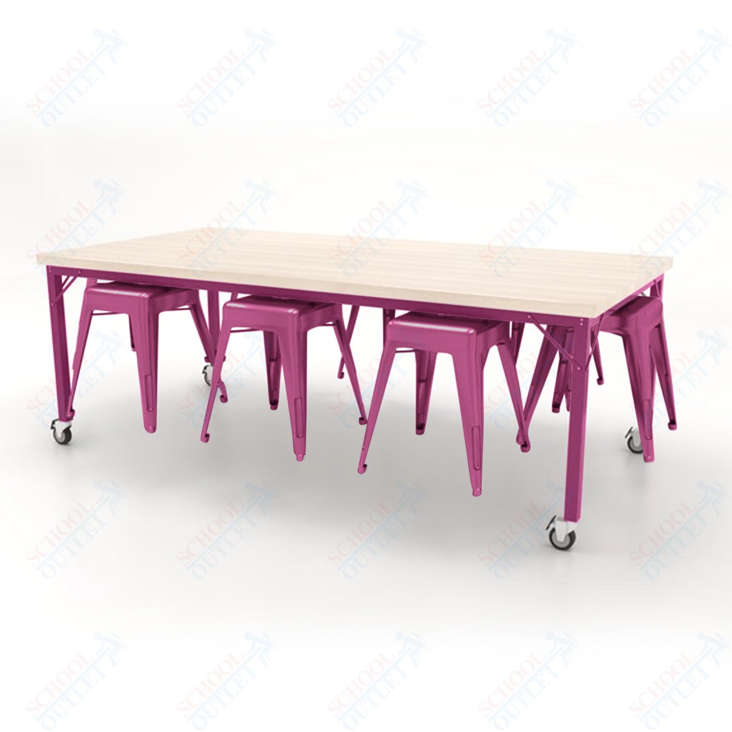 CEF Brainstorm Workbench 30"H with Butcher Block Top and Steel Frame, 8 Magnetic Metal Stools Included, for 3rd Grade and Up - SchoolOutlet