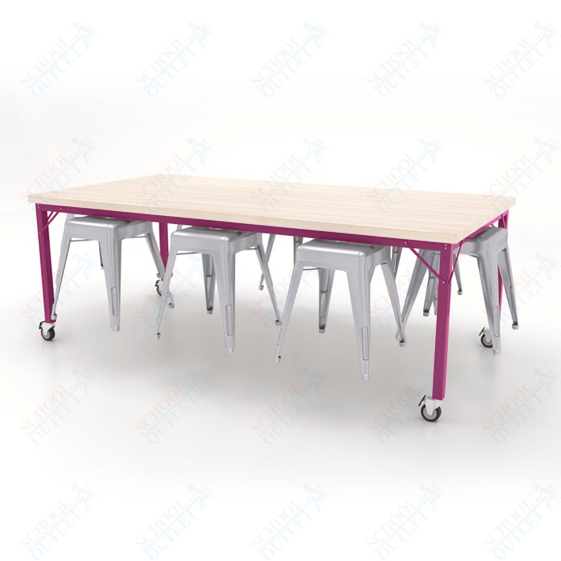 CEF Brainstorm Workbench 30"H with Butcher Block Top and Steel Frame, 8 Magnetic Metal Stools Included, for 3rd Grade and Up - SchoolOutlet