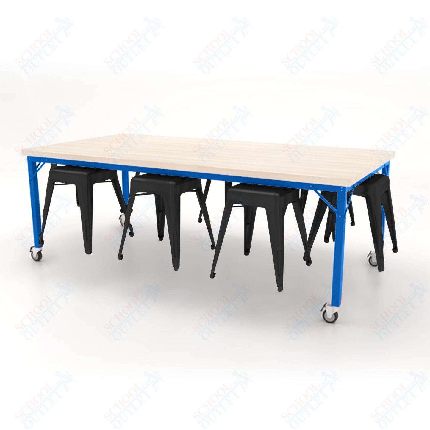 CEF Brainstorm Workbench 30"H with Butcher Block Top and Steel Frame, 8 Magnetic Metal Stools Included, for 3rd Grade and Up - SchoolOutlet