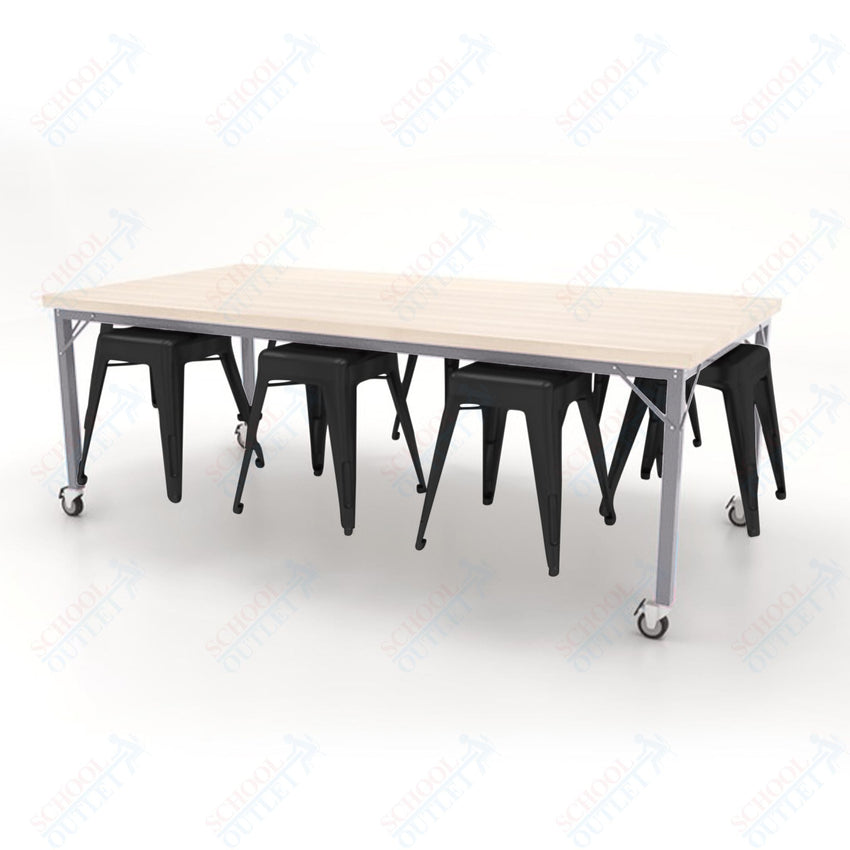 CEF Brainstorm Workbench 30"H with Butcher Block Top and Steel Frame, 8 Magnetic Metal Stools Included, for 3rd Grade and Up - SchoolOutlet