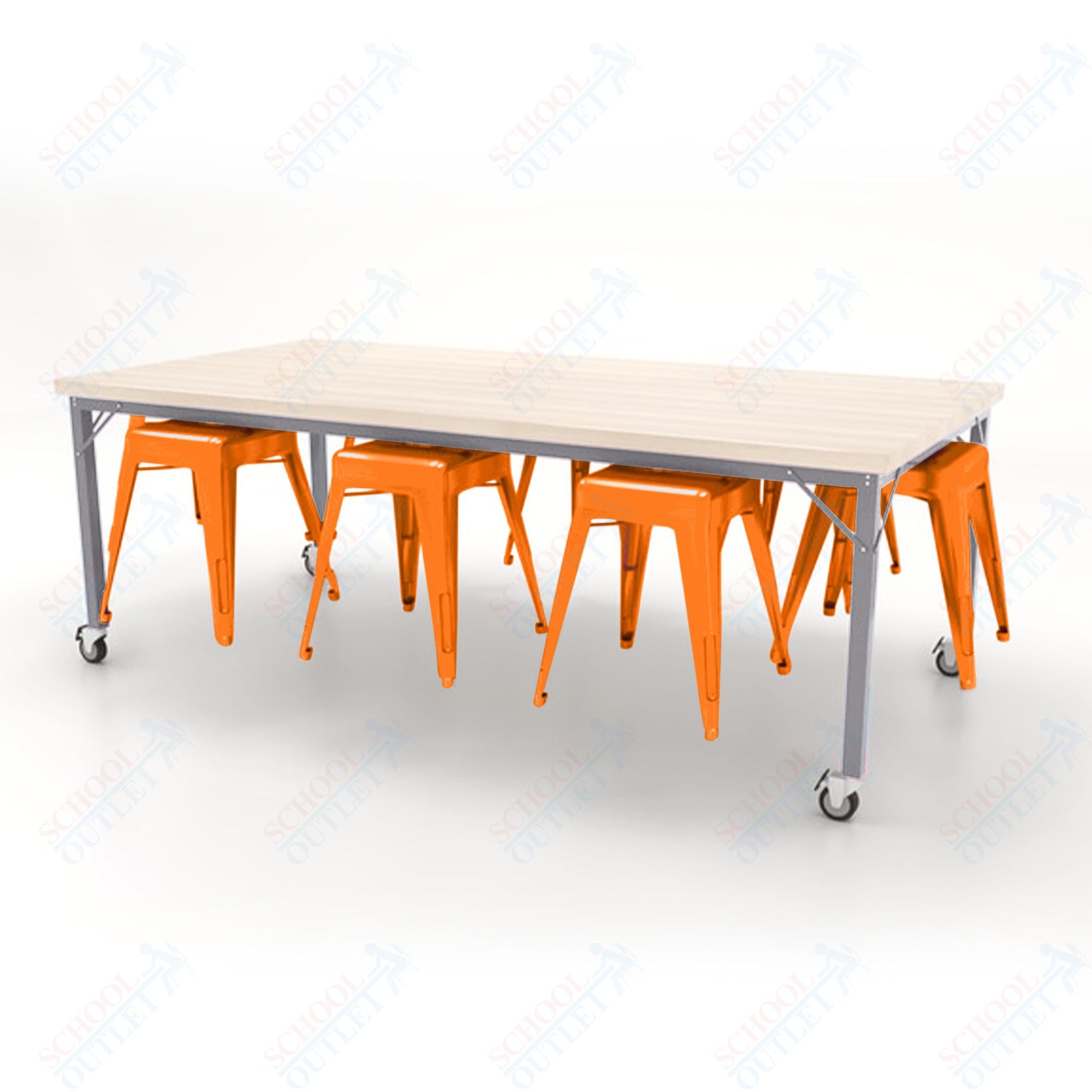 CEF Brainstorm Workbench 30"H with Butcher Block Top and Steel Frame, 8 Magnetic Metal Stools Included, for 3rd Grade and Up - SchoolOutlet